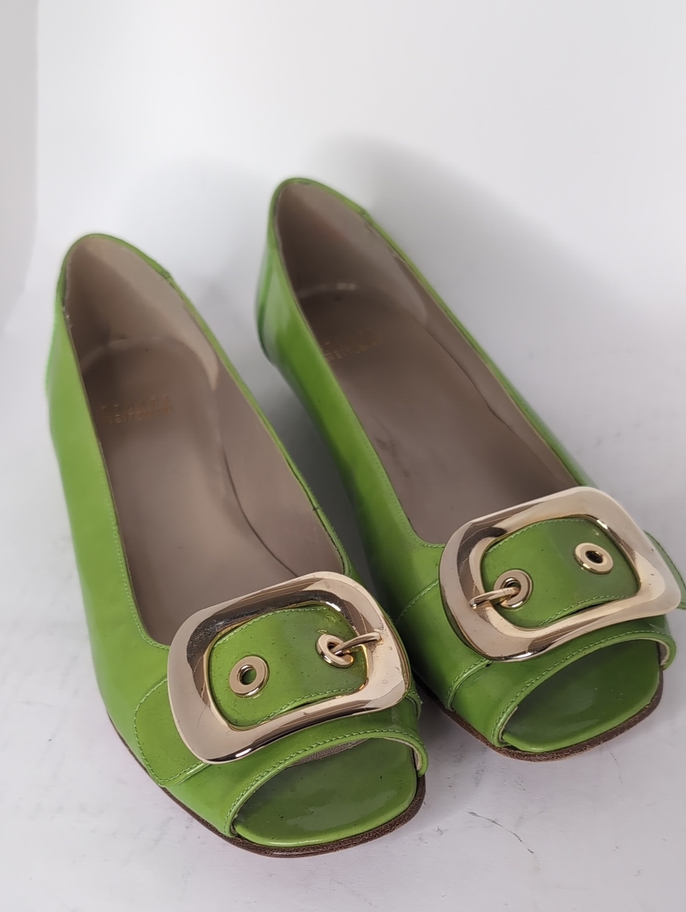 Stuart Weitzman Lime Green Leather Peep-Toe Flats with Gold Buckle